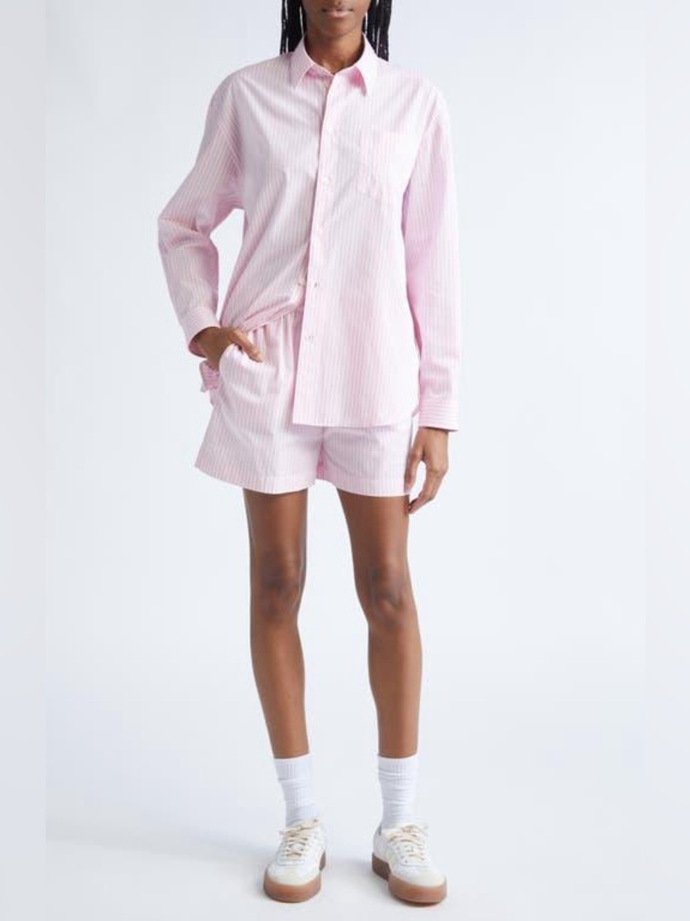 Sporty & Rich NWT Eden Script Stripe Cotton Set Pink Shirt M / Shorts XL